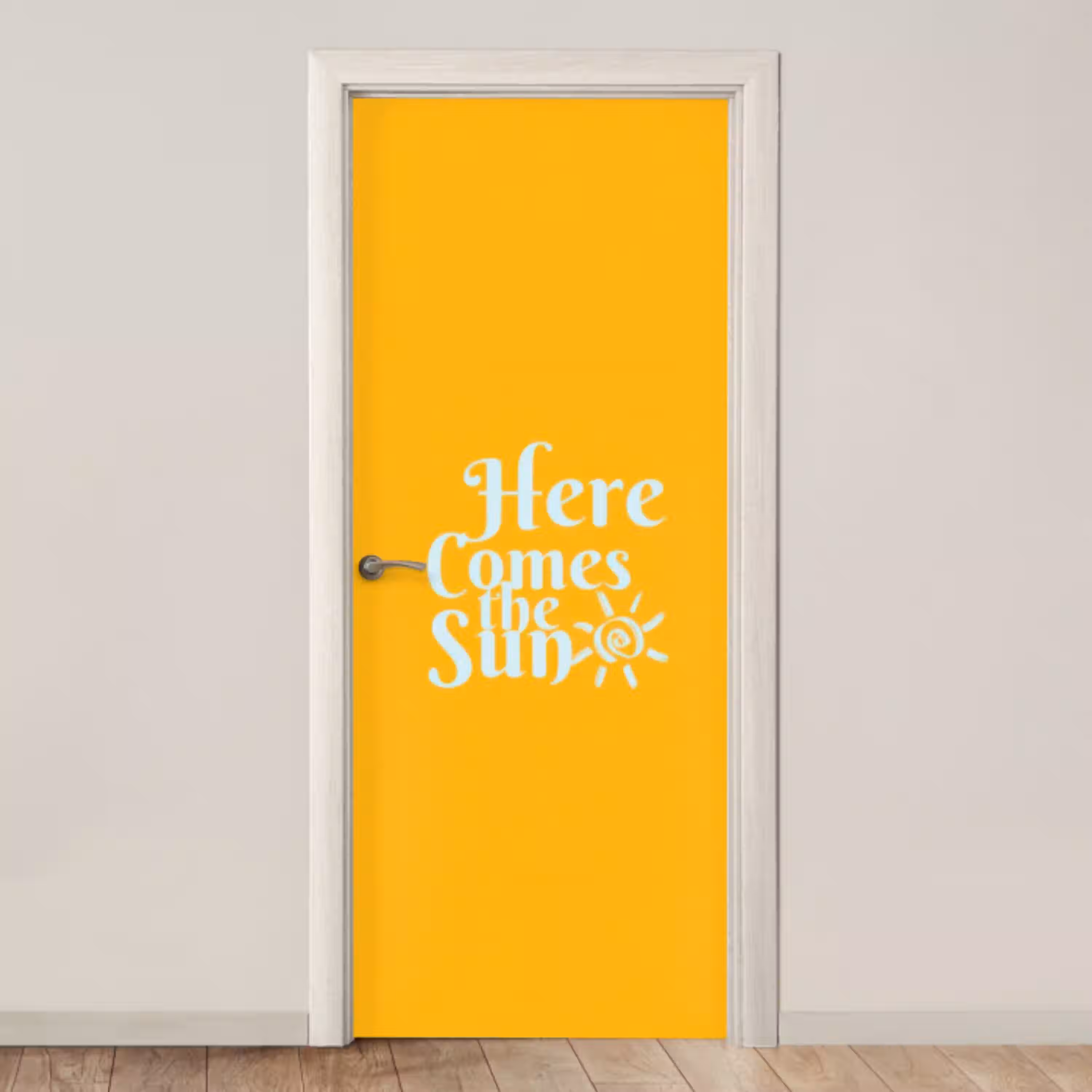 Geel - Blauw - Here comes the sun deurposter klein -3d_beige