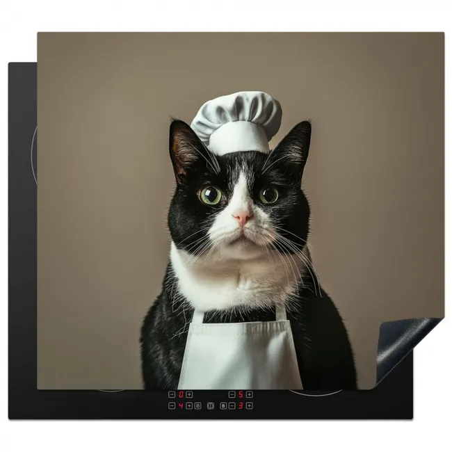 Kat - Kokskleding - Zwart - Wit Inductie beschermer vinyl 3mm middel -3d