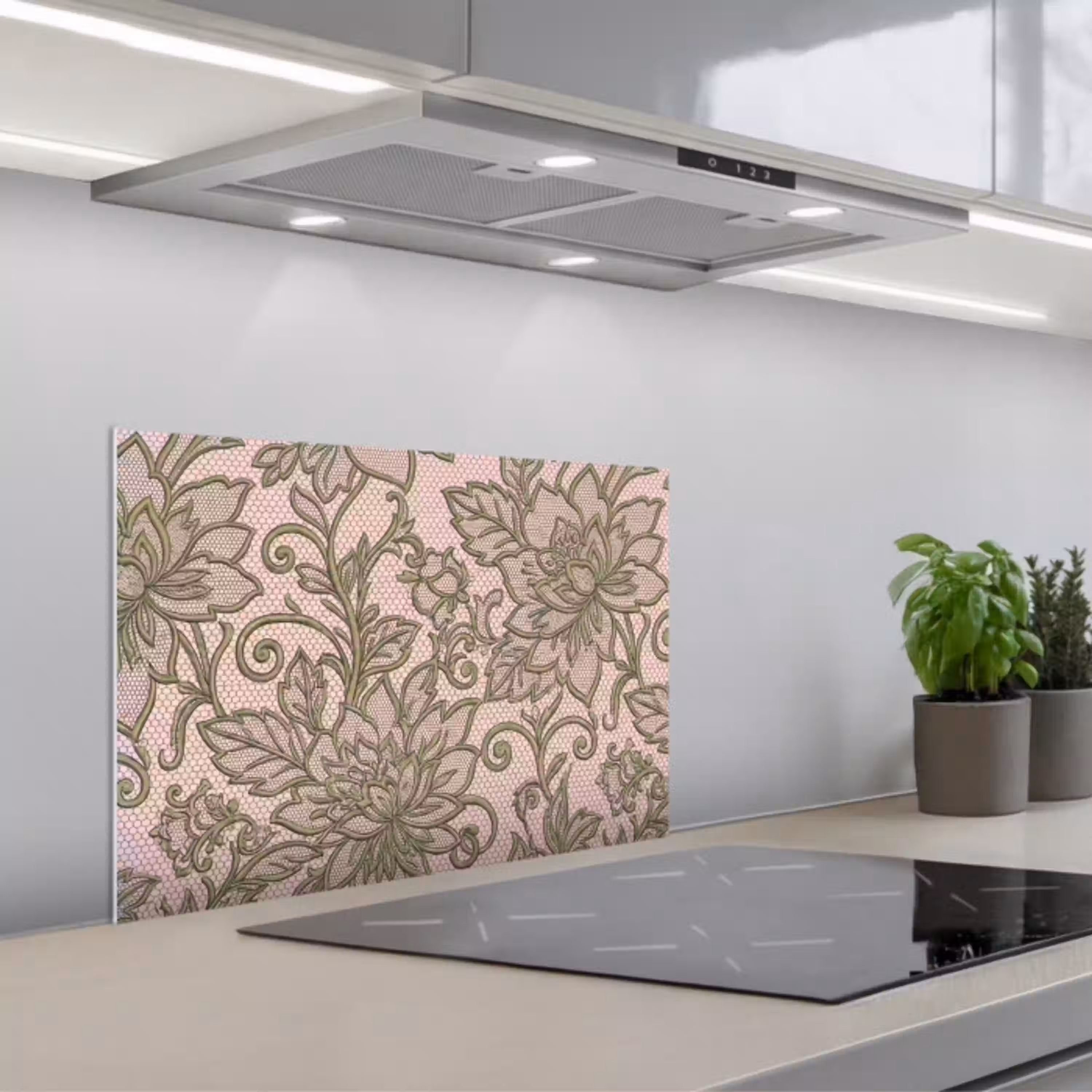 Bloemen - Kant - Patroon - Klassiek - Groen keuken achterwand spatscherm klein -3d_schuin
