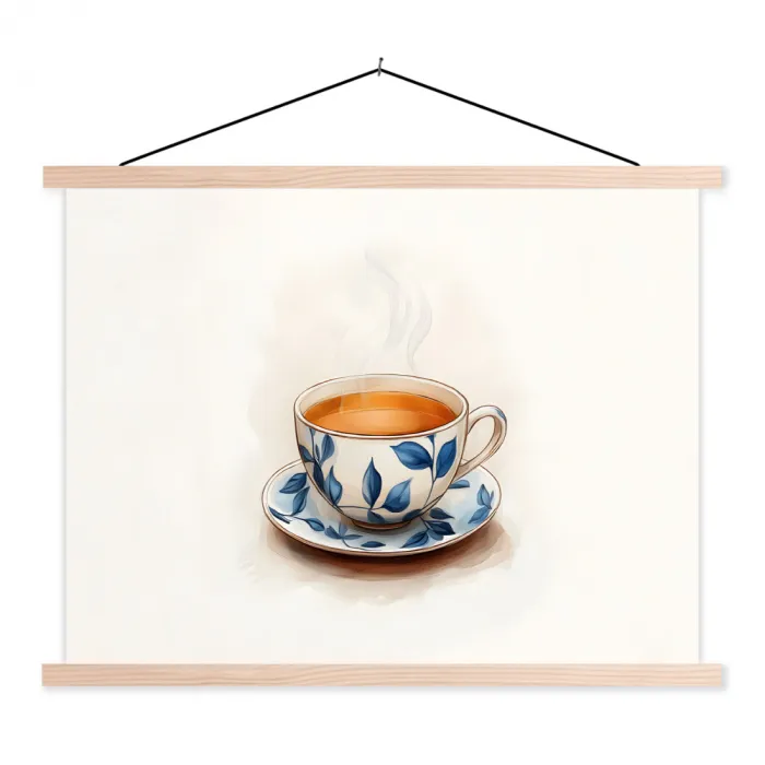 Theekop - Bladeren - Blauw textielposter latten blank klein -3d