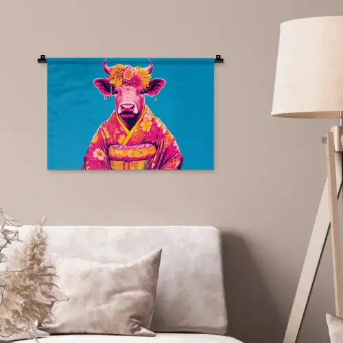 Koe - Bloemenkrans - Oorhangers - Kimono Wandkleed katoen klein -sfeer4