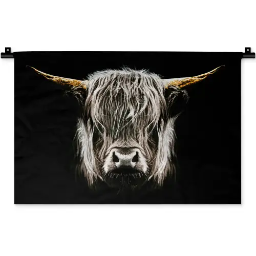 Schotse hooglander - Goud - Hoorns - Zwart wit - Koe - Dieren Wandkleed katoen klein -zz3d