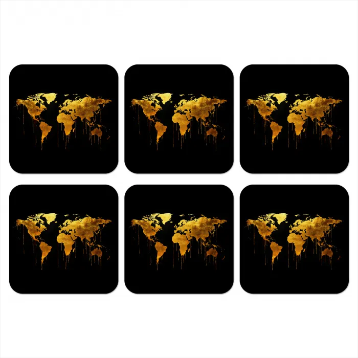 Wereldkaart - Goud - Druipen - Zwart onderzetter kurk middel -3d