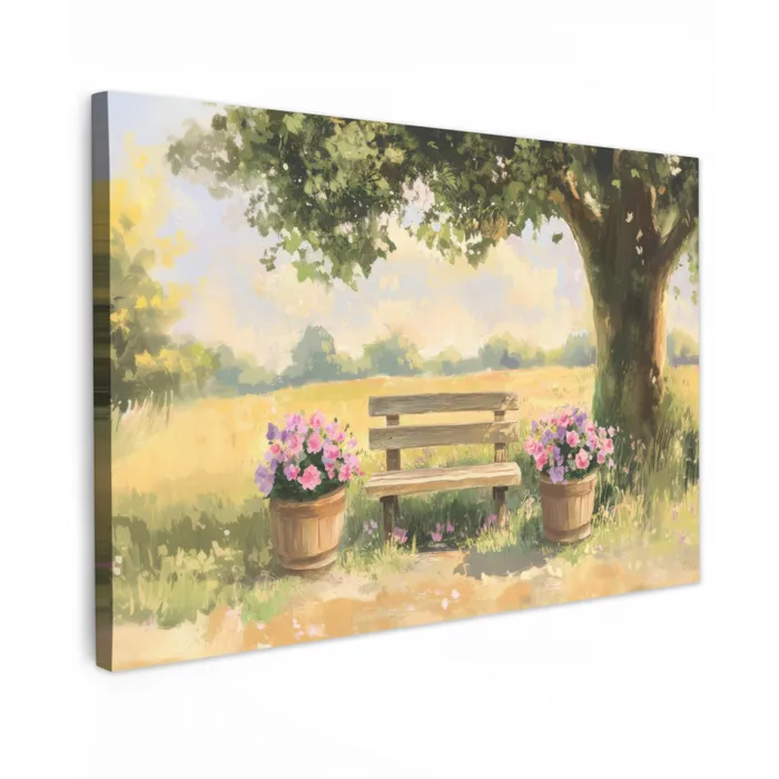 Houten bankje - Bloempotten - Landschap Tuinposter op houten frame 2 cm dik klein -3d