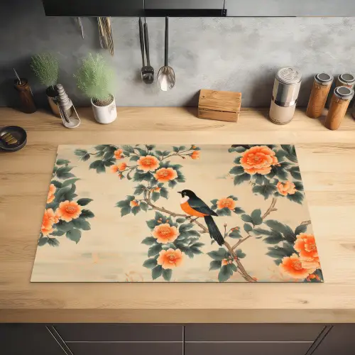 Vogel - Tak - Bloemen - Oranje Inductie beschermer vinyl 3mm klein -sfeer5