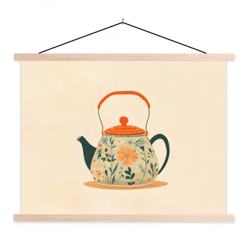 Oranje - Theepot - Bloemen - Bladeren textielposter latten blank klein -3d