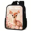 Hertje - Bloemen - Stippen - Roze Rugzak - Zwart middel -schuin