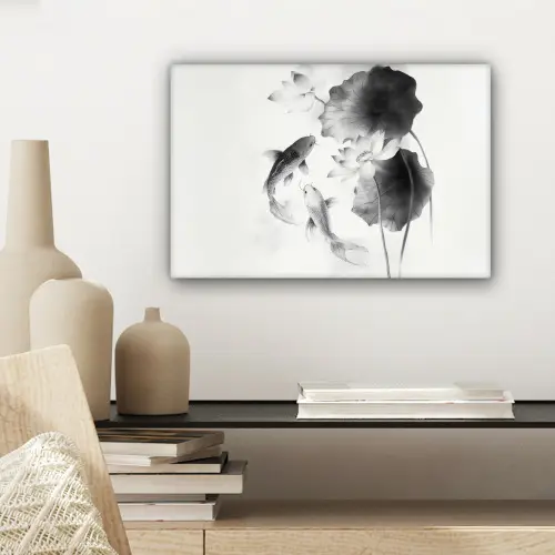 Lotusbloemen - Vissen - Bladeren - Zwart canvas 2cm klein -sfeer6