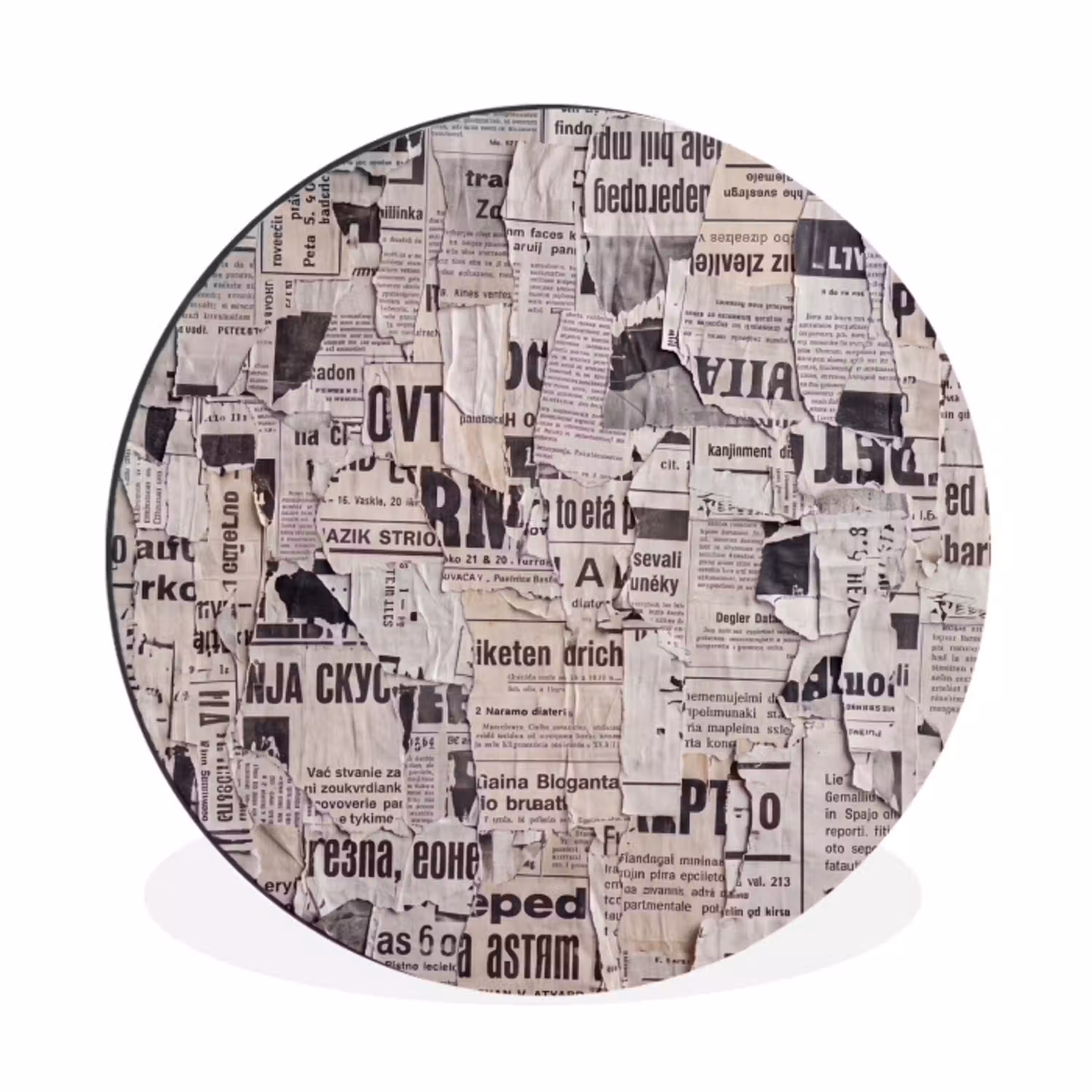 Krant - Gescheurd - Textuur - Abstract - Zwart-wit Wandcirkel aluminium klein -3d