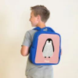 Pinguïn - Stippen - Roze - Minimalistisch Kinderrugzak - Blauw middel -sfeer2