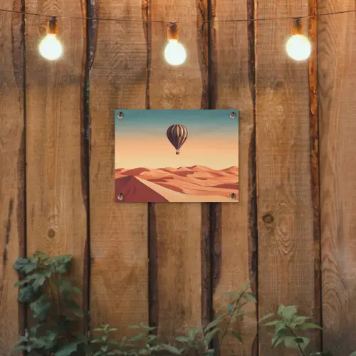 Luchtballon - Woestijn - Zonsondergang - Blauw tuinposter los doek klein -sfeer1