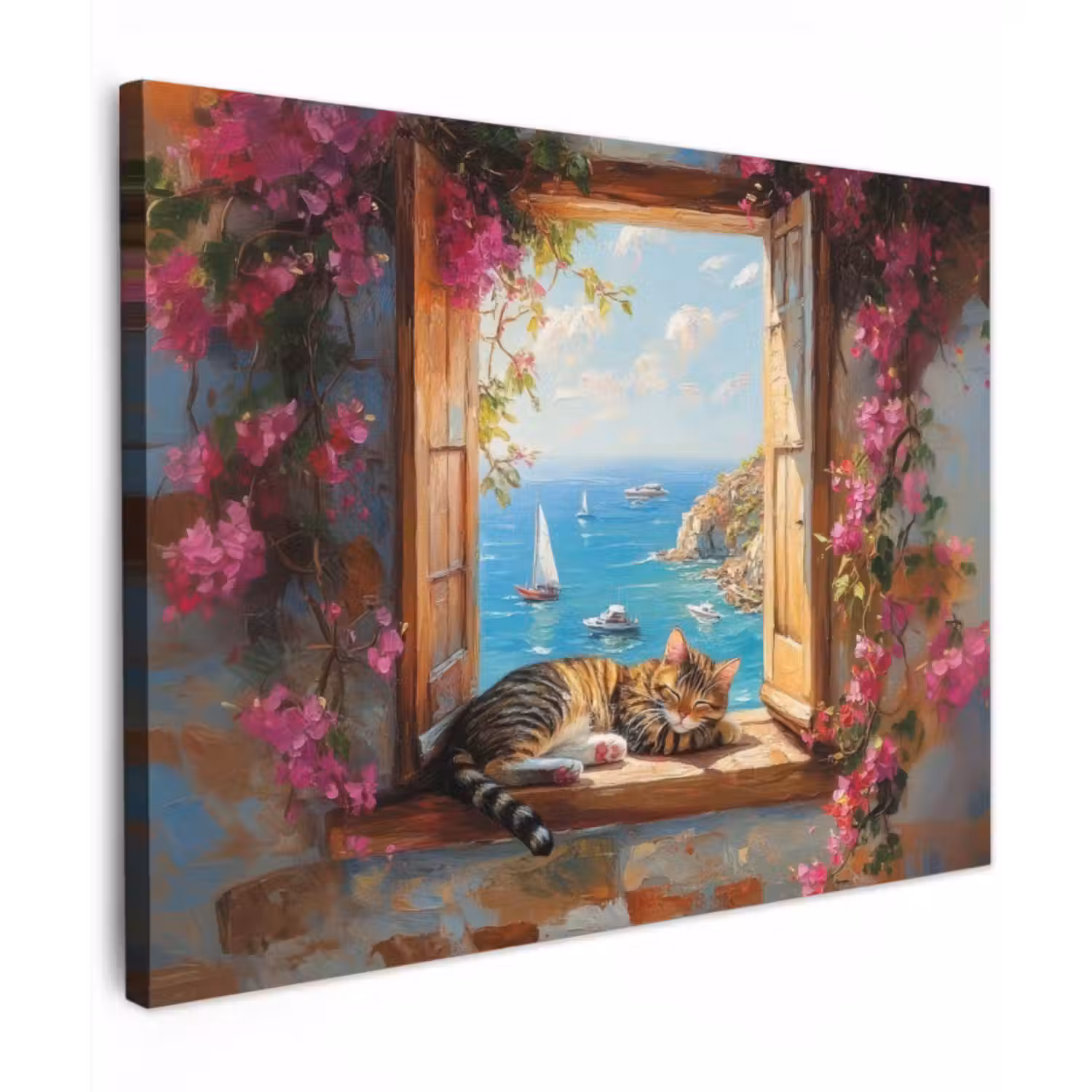 Canvas schilderij - Kat - Blauwe zee - Roze bloemen