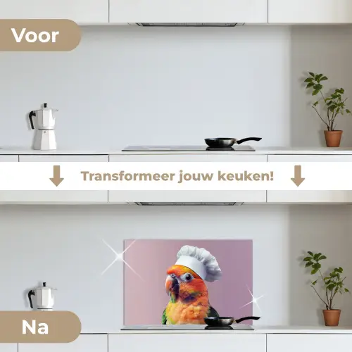Papegaai - Koksmuts - Nieuwsgierig - Vogel keuken achterwand spatscherm klein -voor_na_NL