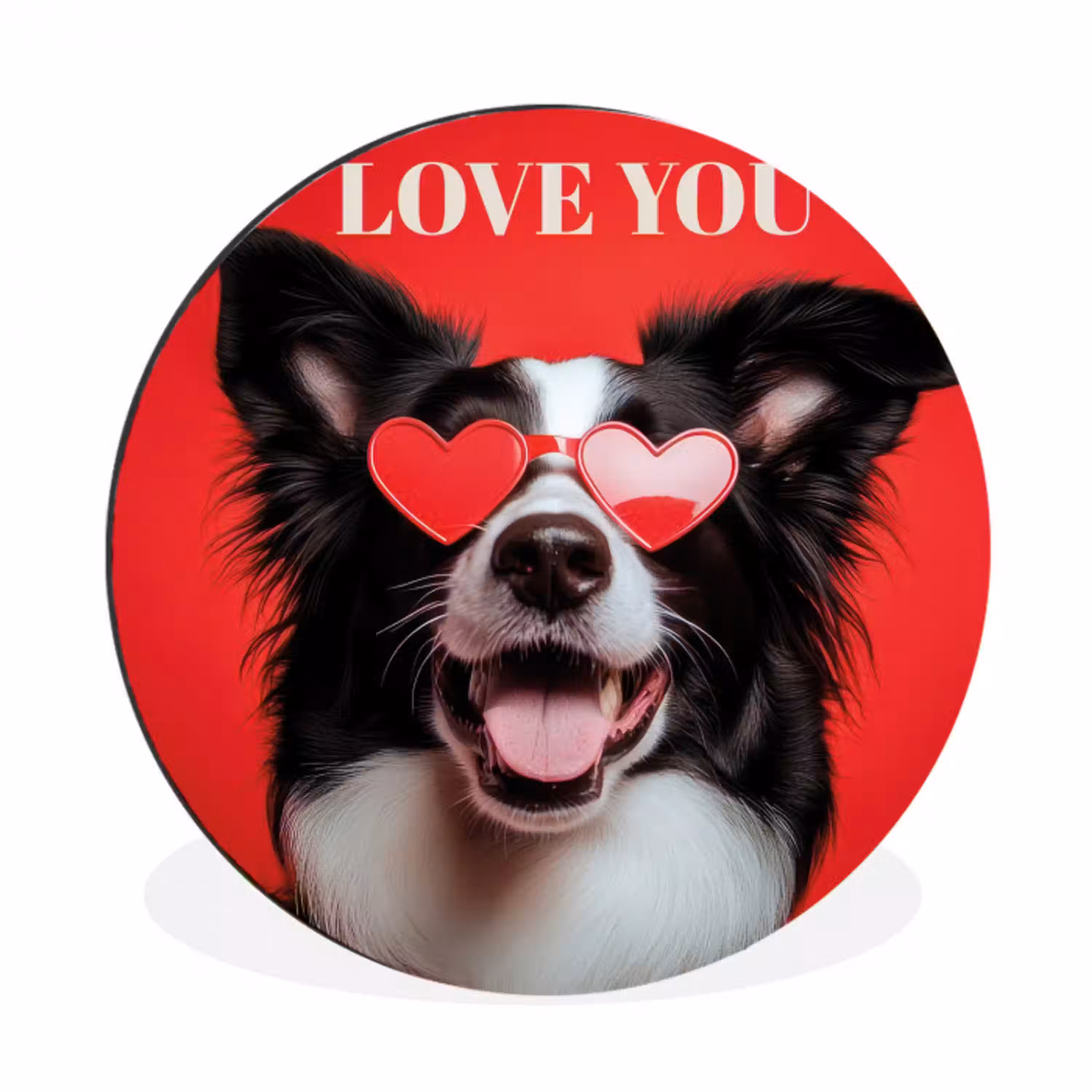 Hond - Hartjesbril - Loveyou - Rood Wandcirkel aluminium klein -3d