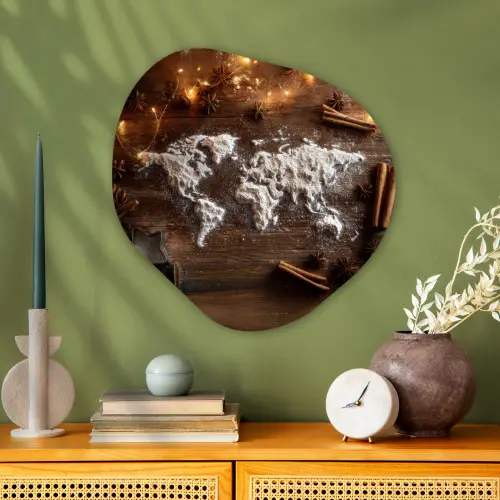 Wereldkaart - Poedersuiker - Hout Wandcirkel Organisch Plexiglas middel -sfeer2