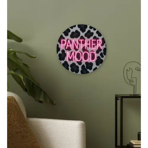 Panterprint - Zwart - Neonletters - Roze Wandcirkel plexiglas klein -sfeer3