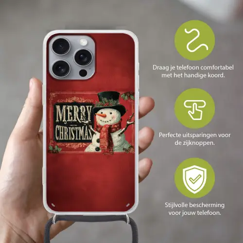 Klassiek - Kerstgroet - Sneeuwpop - Rood Hoesje iPhone 16 Pro Max met koord klein -sfeer2_NL