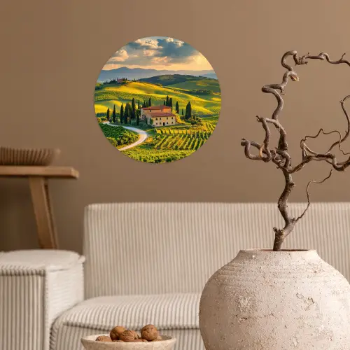 Toscane - Landschap - Wijngaarden Wandcirkel behangsticker klein -sfeer1
