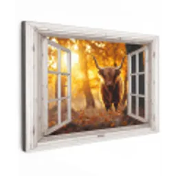 Schotse hooglander - Bos - Herfst - Dieren - Natuur - Bladeren - Doorkijk Tuinposter op houten frame 2 cm dik klein -3d