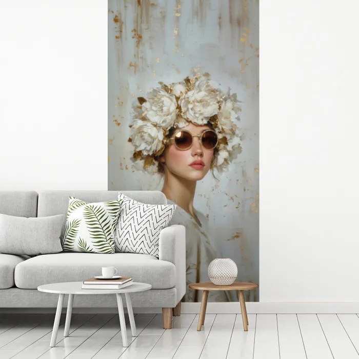 Schilderij - Vrouw - Zonnebril - Bloemenkrans fotobehang vinyl groot -woonkamer