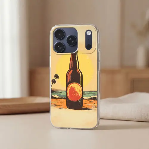 Bierfles - Zonsondergang - Palmbomen - Zee Telefoonhoesje iPhone 17 Pro klein -sfeer2