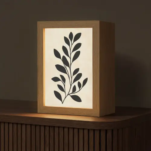 Minimalistisch - Tak - Bladeren - Zwart Light Box met kabel (Tafellamp) klein -z3d_website
