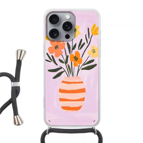 Vaas - Gestreept - Bloemen - Oranje Hoesje iPhone 16 Pro Max met koord klein -3d