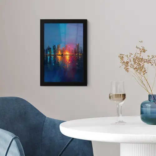 Skyline - Penseelstreken - Donkerblauw - Lichtgevend fotolijst zwart zonder passe partout klein -sfeer4