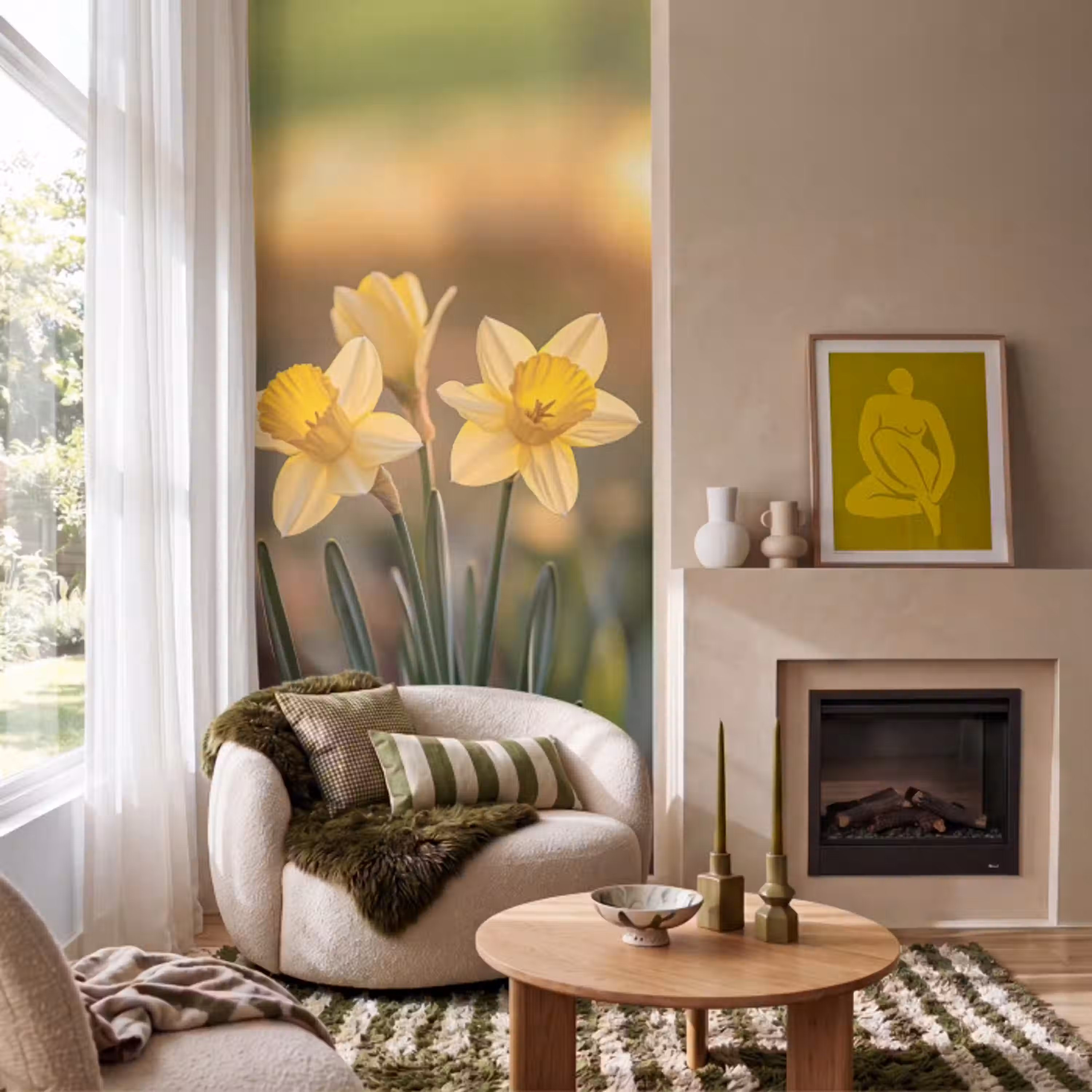 Bloemen - Geel - Wazig Behang Vlies klein -sfeer2