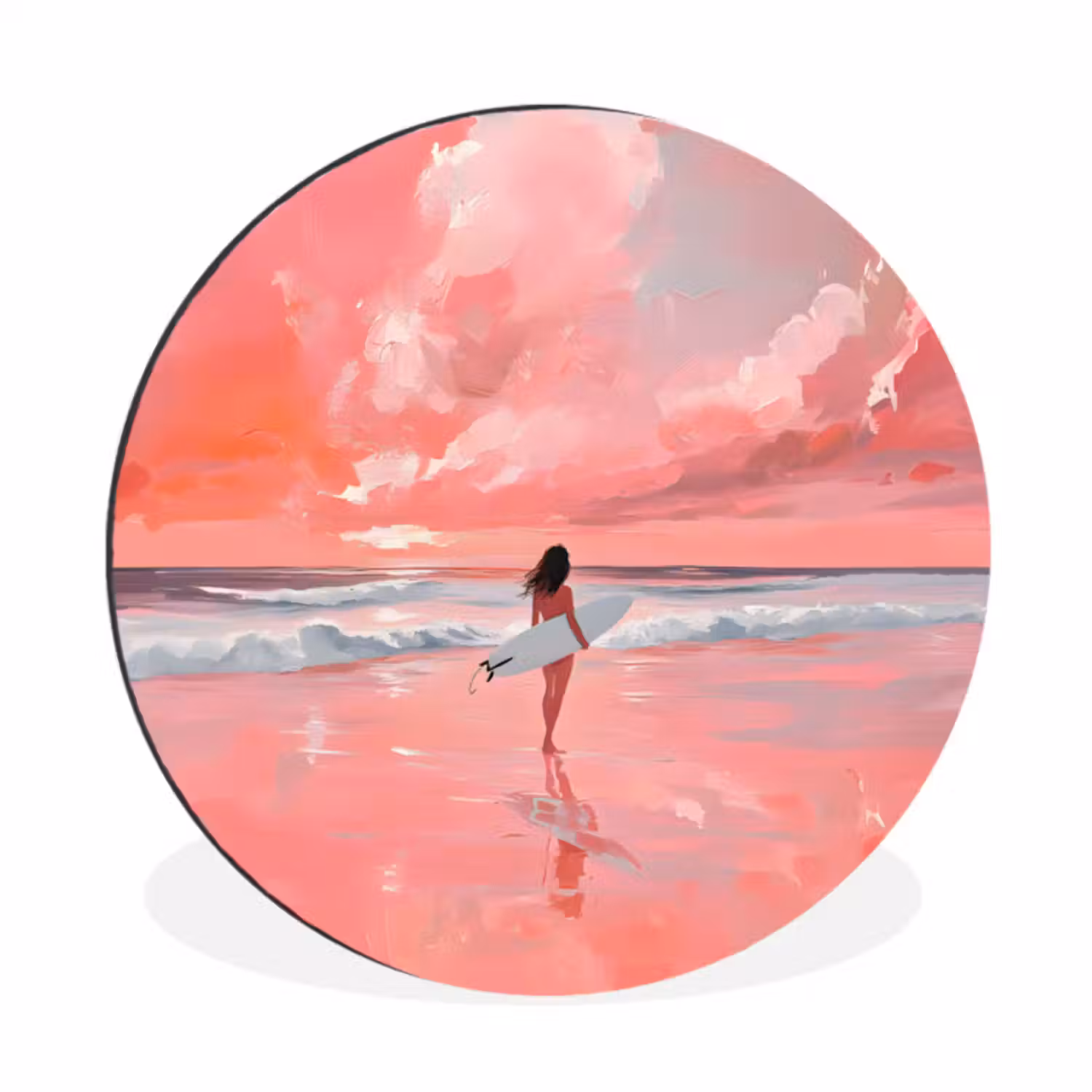 Wandcirkel - aluminium - Roze - Surfen - Zee