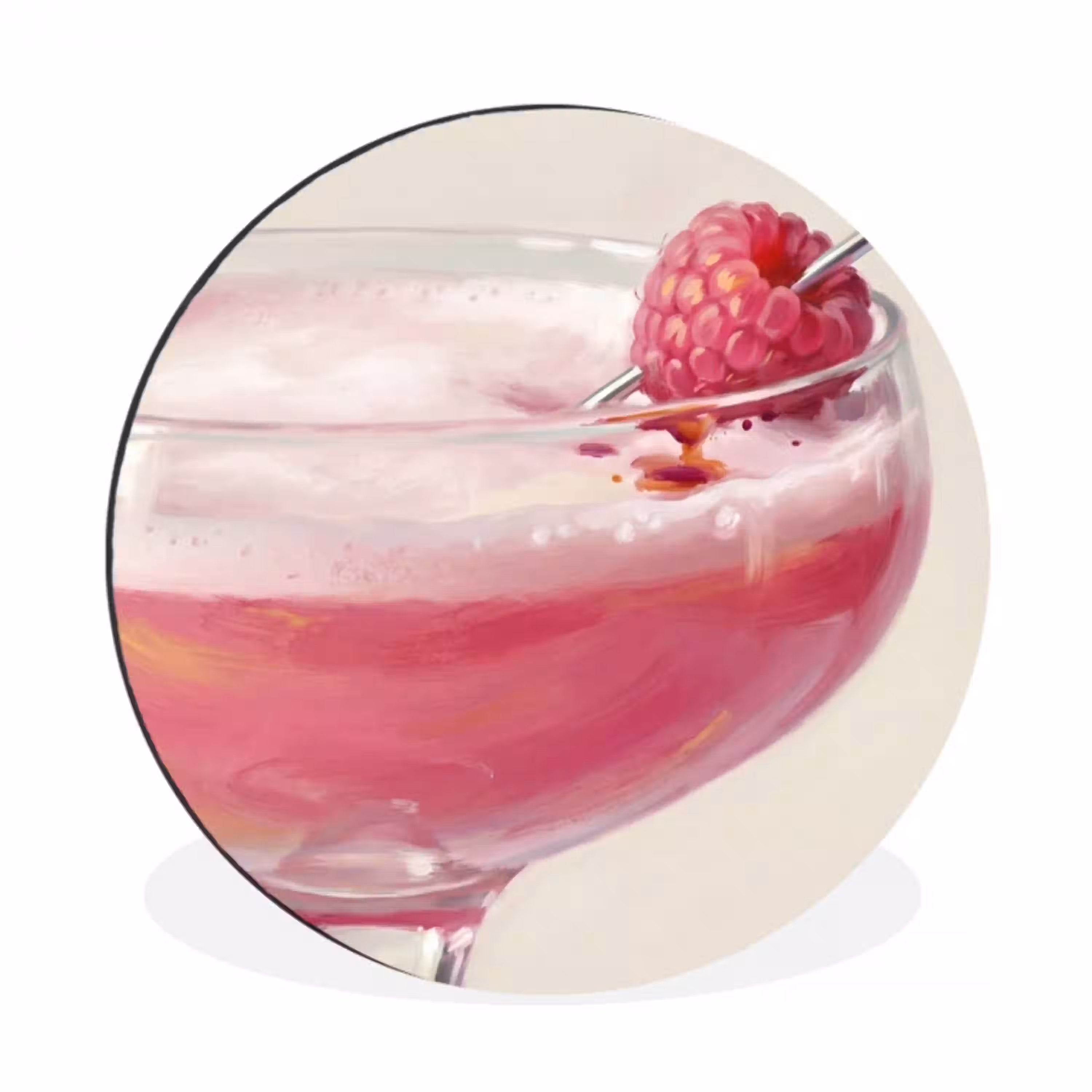 Cocktail - Framboos - Drank - Modern - Roze Wandcirkel aluminium klein -3d