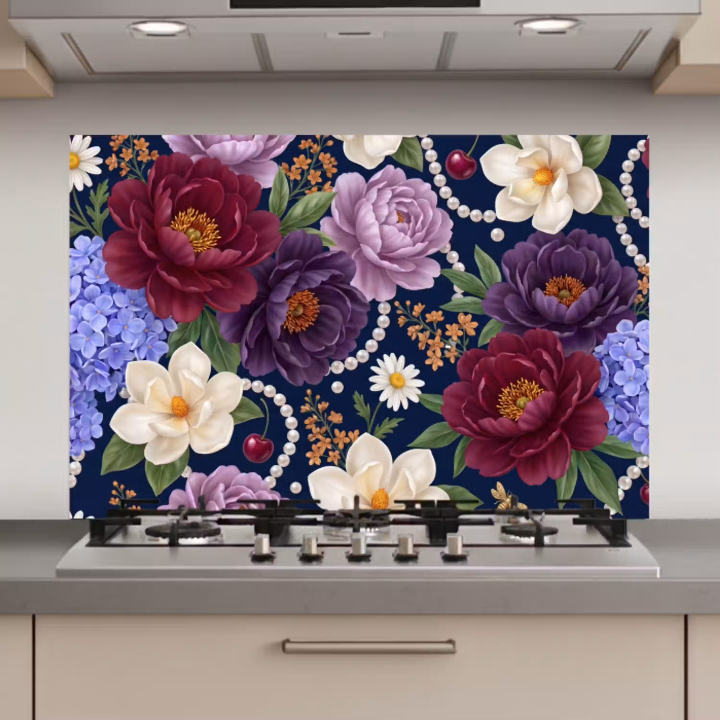 Bloemen - Parels - Decoratie - Modern - Blauw keuken achterwand spatscherm klein -3d_website