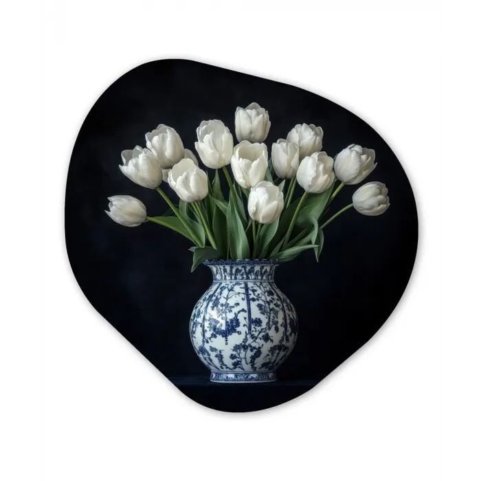 Wit - Bloemen - Tulpen - Vaas Wandcirkel Organisch Plexiglas middel -3d
