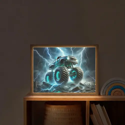 Monstertruck - Bliksem - Blauw - Jongens - Auto Light Box met batterij (Wandlamp kind) middel -sfeer1_kind