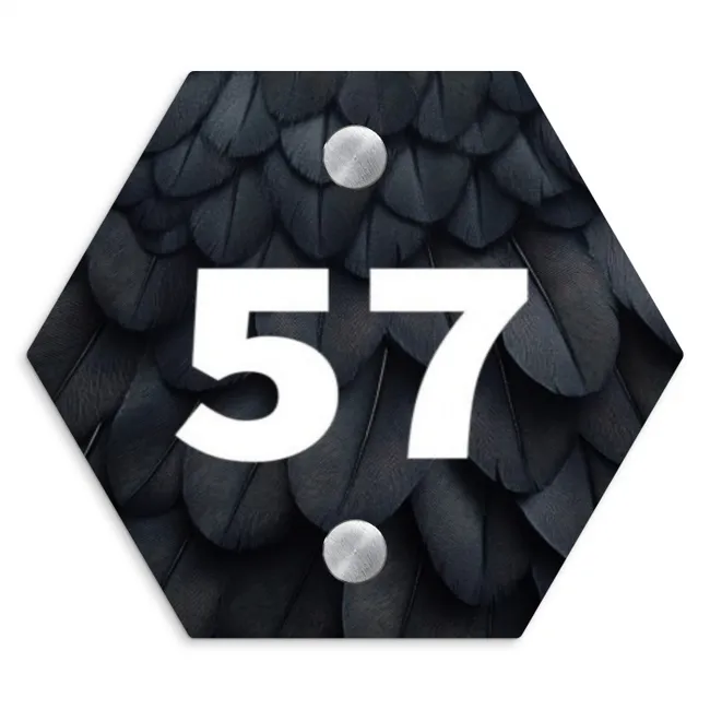 Zwarte veren - Traditioneel Naambord Hexagon klein -3d