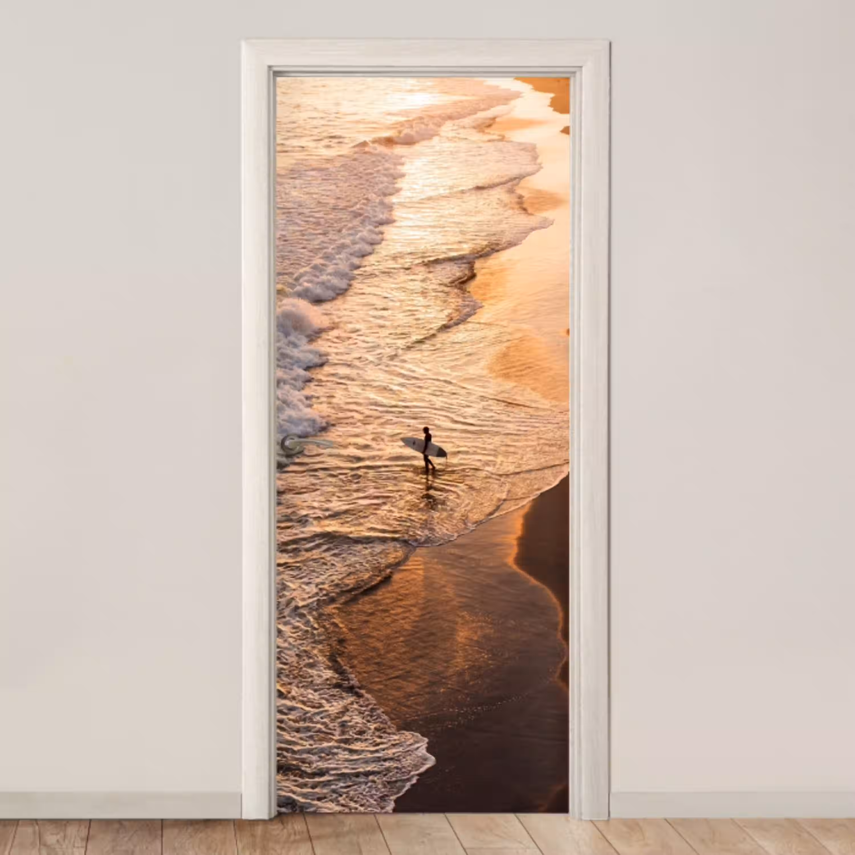 Surfer - Strand - Zonsondergang - Oceaan - Goud deurposter klein -3d_beige