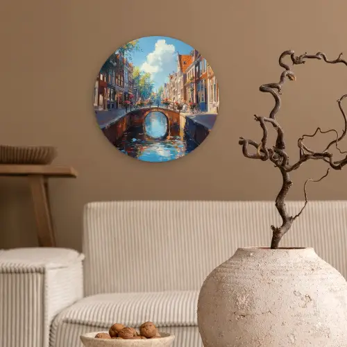 Stad - Gracht - Zon - Fietsen Wandcirkel kunststof plaat 5mm dik klein -sfeer1