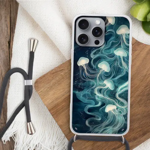 Kwallen - Zee - Wit - Golven Hoesje iPhone 16 Pro Max met koord klein -sfeer4