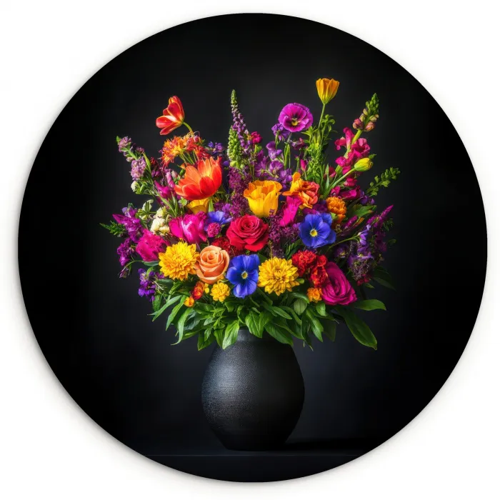 Felgekleurd - Bloemen - Vaas Wandcirkel kunststof plaat 5mm dik klein -3d