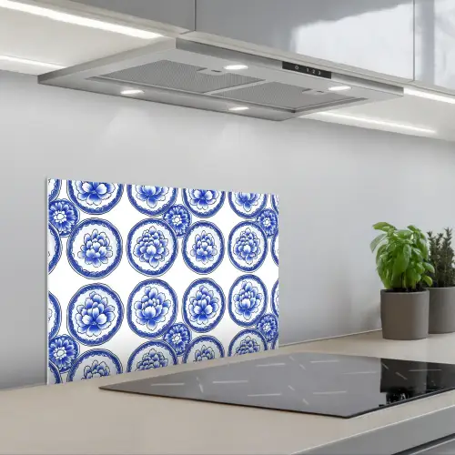 Cirkels - Bloemen - Blauw keuken achterwand spatscherm klein 900 -3d_schuin