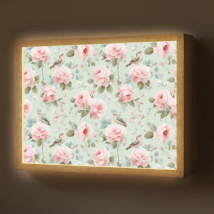 Rozen - Vogels - Pastel - Kleurrijk Light Box met batterij (Wandlamp) middel 907 -z3d_website
