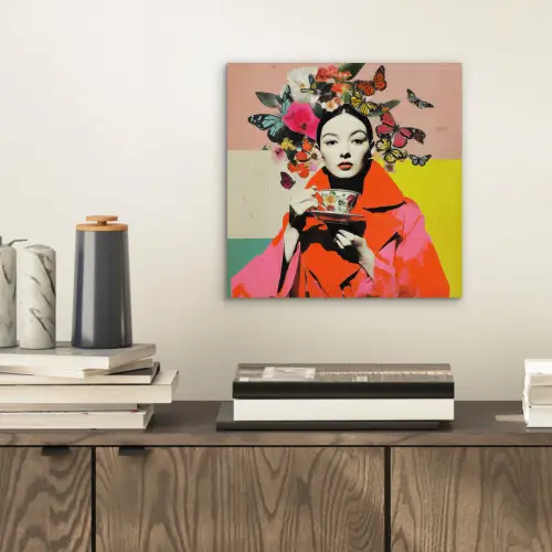Retro - Vrouw - Kopje - Vlinders aluminium wit klein -sfeer1