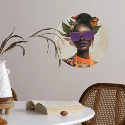 Vrouw - Zonnebril - Vlinder - Bloemen Wandcirkel behangsticker klein -sfeer3