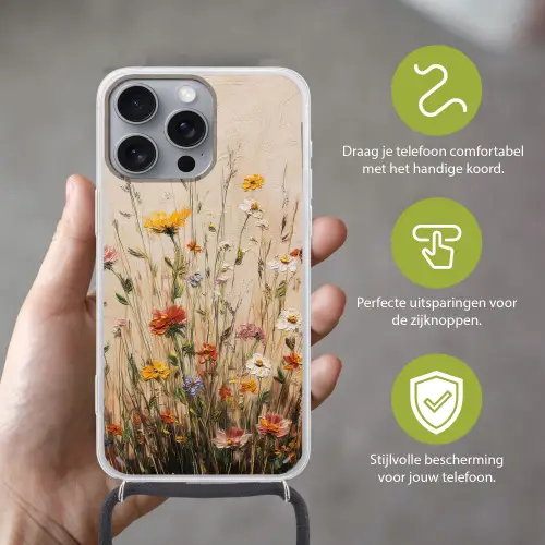 Wilde bloemen - Penseelstreken - Rustgevend Hoesje iPhone 16 Pro Max met koord klein -sfeer2_NL