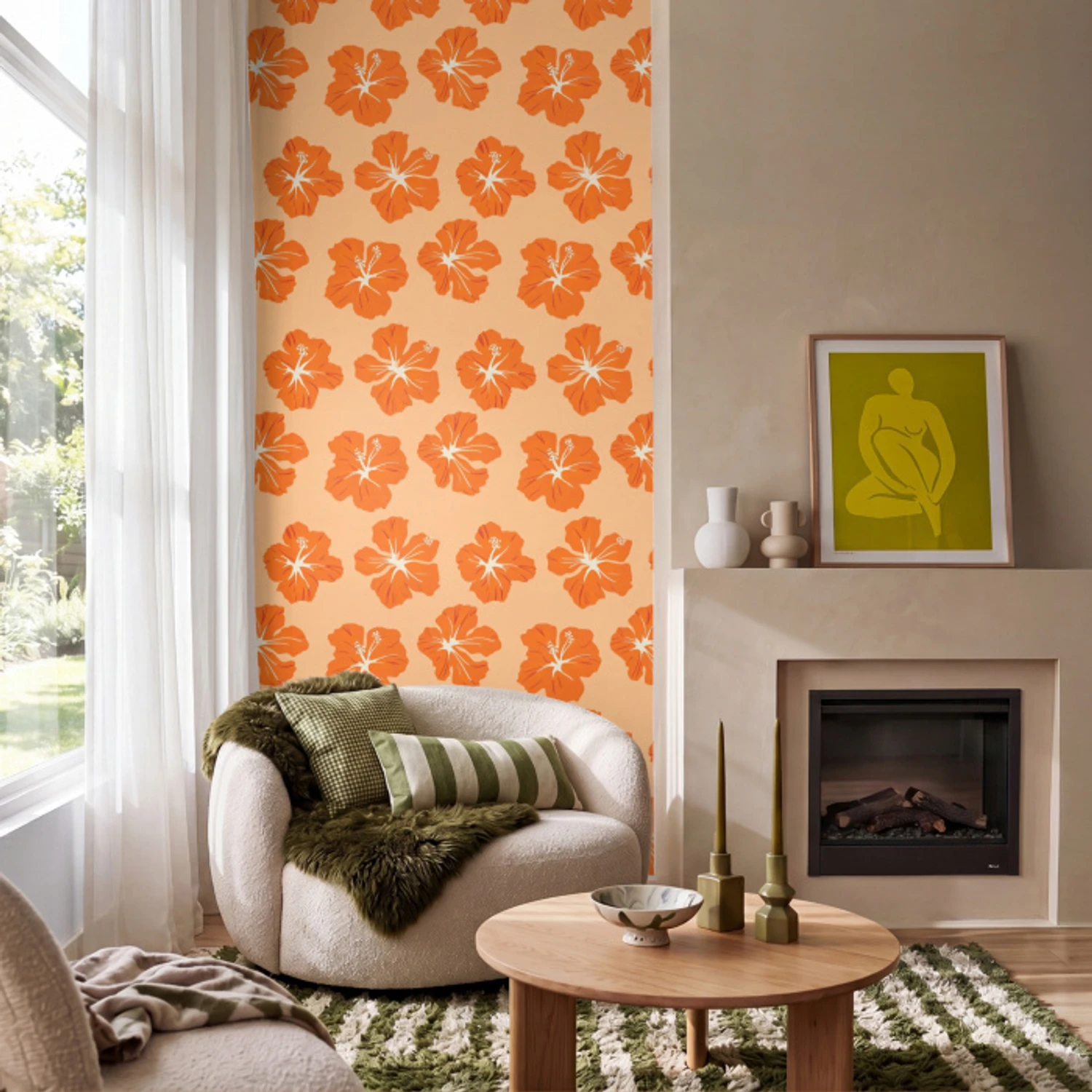 Tropisch - Hibiscus - Oranje Behang Vinyl klein 1060 -sfeer2