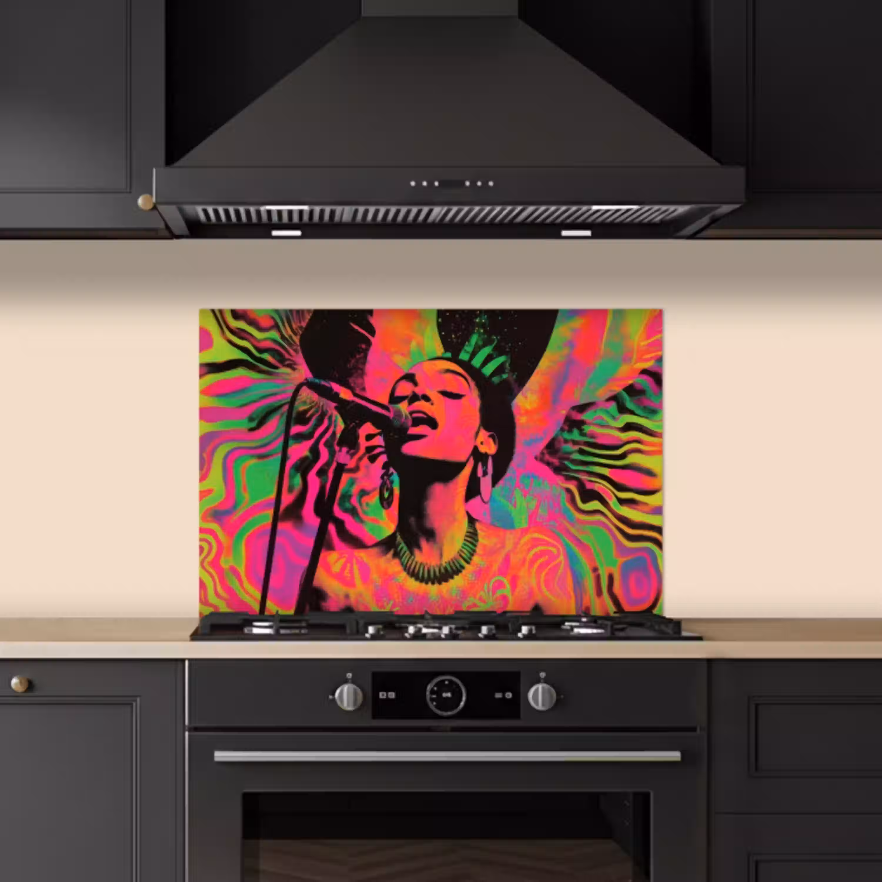 Vrouw - Microfoon - Neon keuken achterwand spatscherm klein -sfeer1