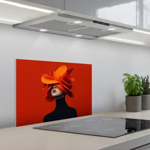 Oranje - Hoed - Vrouw keuken achterwand spatscherm klein -3d_schuin