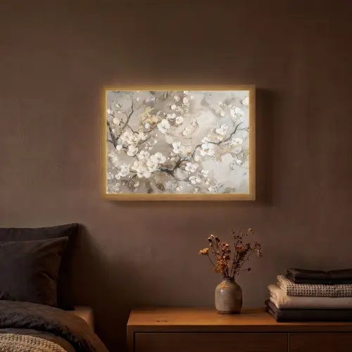 Bloemen - Wit - Goud - Beige  - Luxe Light Box met batterij (Wandlamp) middel -sfeer4