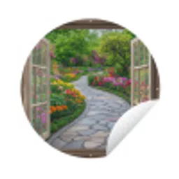 Doorkijk - Bloemen - Tuinpad - Natuur - Raam Wandcirkel tuinposter met ringen klein -3d