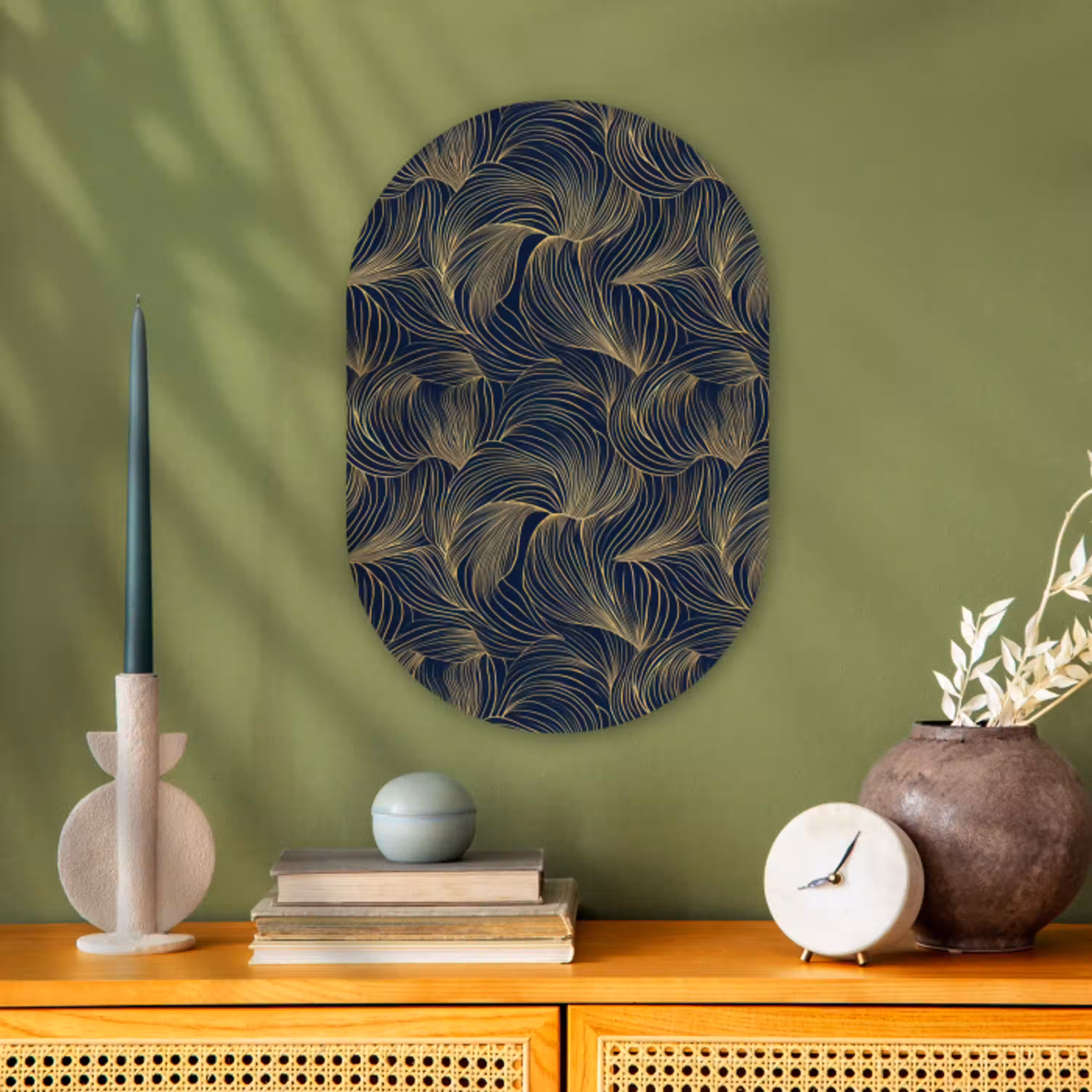 Abstract - Lijnen - Blauw - Goud Wandcirkel Ovaal Forex klein 630 -sfeer2